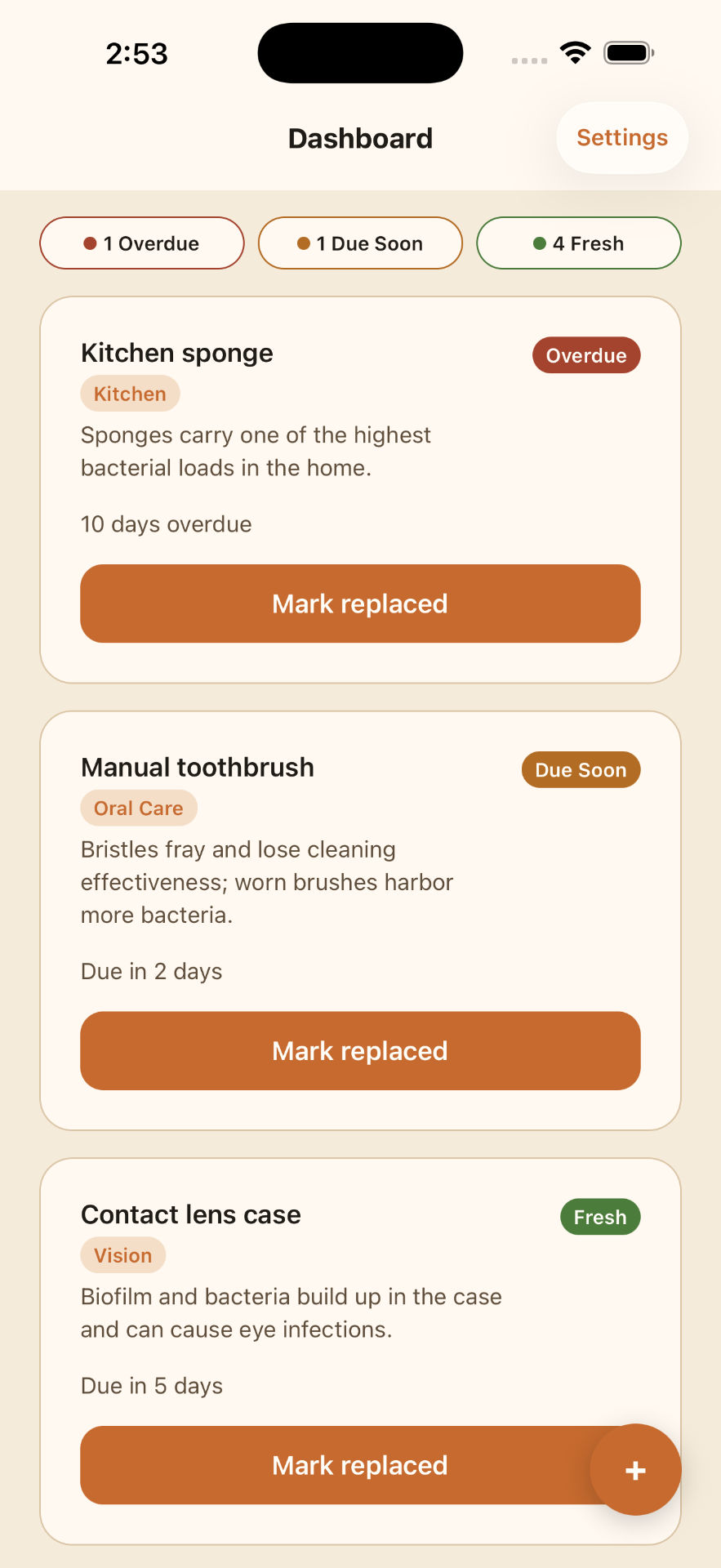 Sundry iPhone dashboard showing overdue, due soon, and fresh replacement reminders for kitchen sponge, toothbrush, and contact lens case