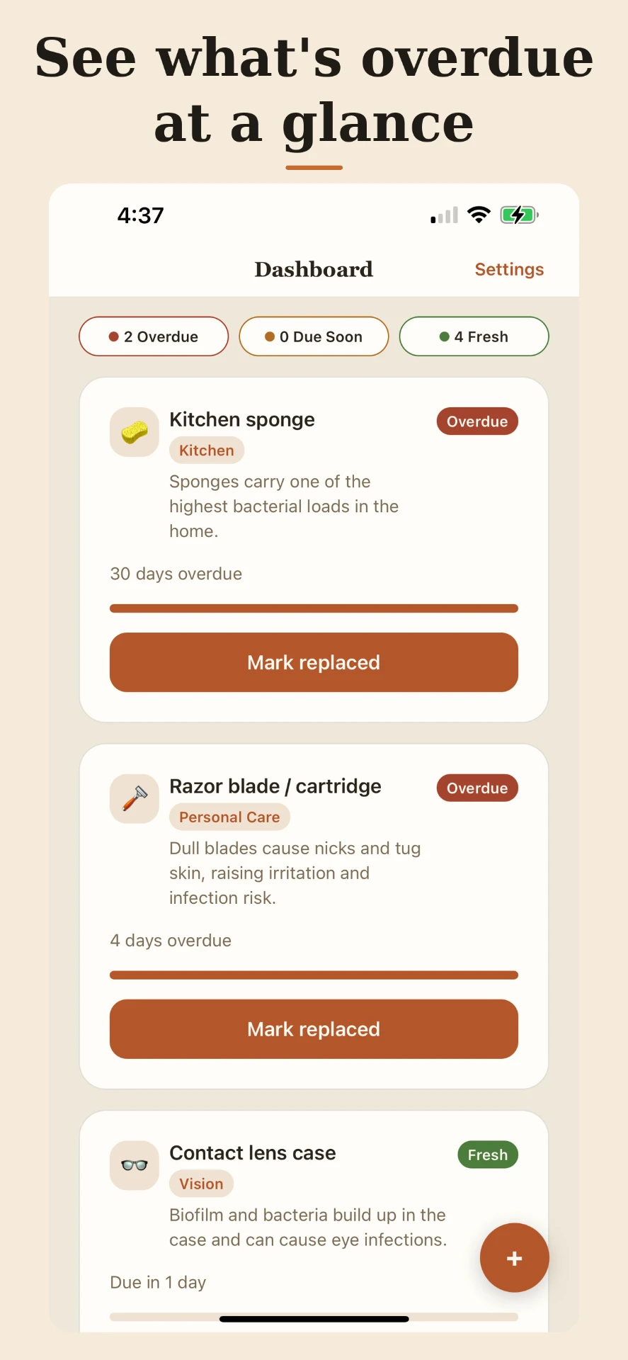 Sundry iPhone dashboard showing overdue, due soon, and fresh replacement reminders for kitchen sponge, razor blade, and contact lens case